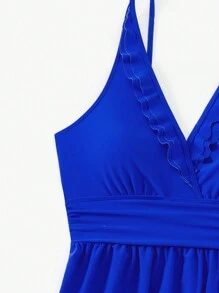 SHEIN Swim Women's Summer Beach Solid Color V-Neck Vest And Triangle Tankini Vacation Swimwear Set - Royal Blue - View 7