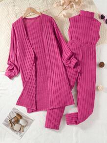Tween Girl Solid Color Ribbed Sweater Top And Pants Set, Matched With Coat, Casual, Elegant And Warm 3pcs Outfit - Hot Pink - View 1