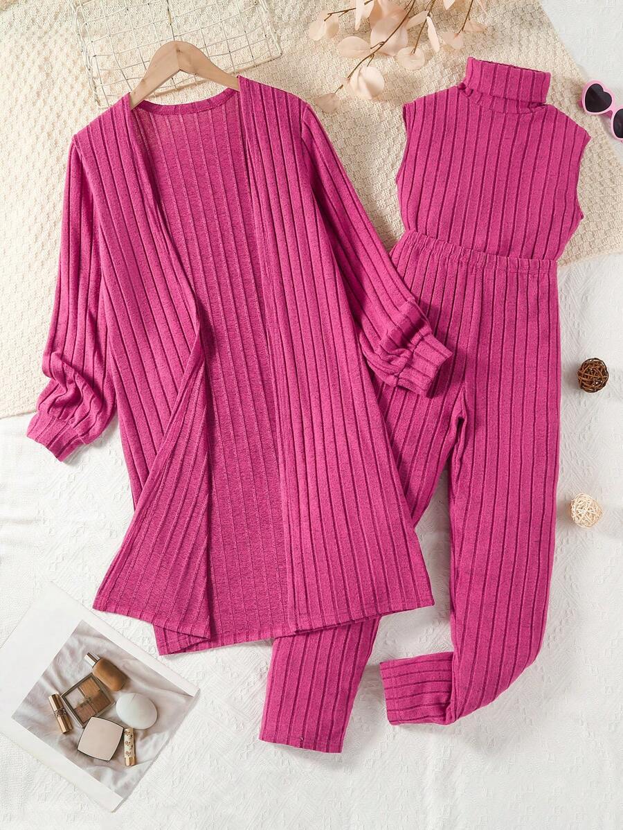 Tween Girl Solid Color Ribbed Sweater Top And Pants Set, Matched With Coat, Casual, Elegant And Warm 3pcs Outfit - Hot Pink - View 1