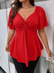 Rometta Damska koszulka w dużym rozmiarze z asymetrycznym dołem i węzłem skrętnym na Nowy Rok - Czerwony - Zobacz 4