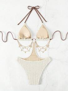 SHEIN Swim Chain Linked Cut Out Halter One Piece Swimsuit Summer - Beige - View 4