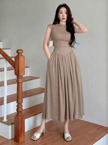 DAZY Damen Set aus einfarbiger gestrickter Weste und Rock für den Sommer, Damen Zweiteiler - Braun - Übersicht 8