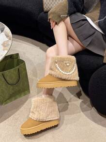 New Arrival Women's Fashionable, Comfortable And Simple Apricot Slip-On Shoes With Round Toe, Thermal Lined , Microfiber Upper, Black Fluffy And Faux Pearl Decoration, Casual Thick-Soled Non-Slip Shoes For Autumn, Winter And Snowy Days,Fur Boots,Snow Boots - Apricot - View 6