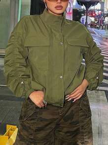 Flirla Plus Flap Pocket Ruched Sleeve Jacket - Army Green - View 1