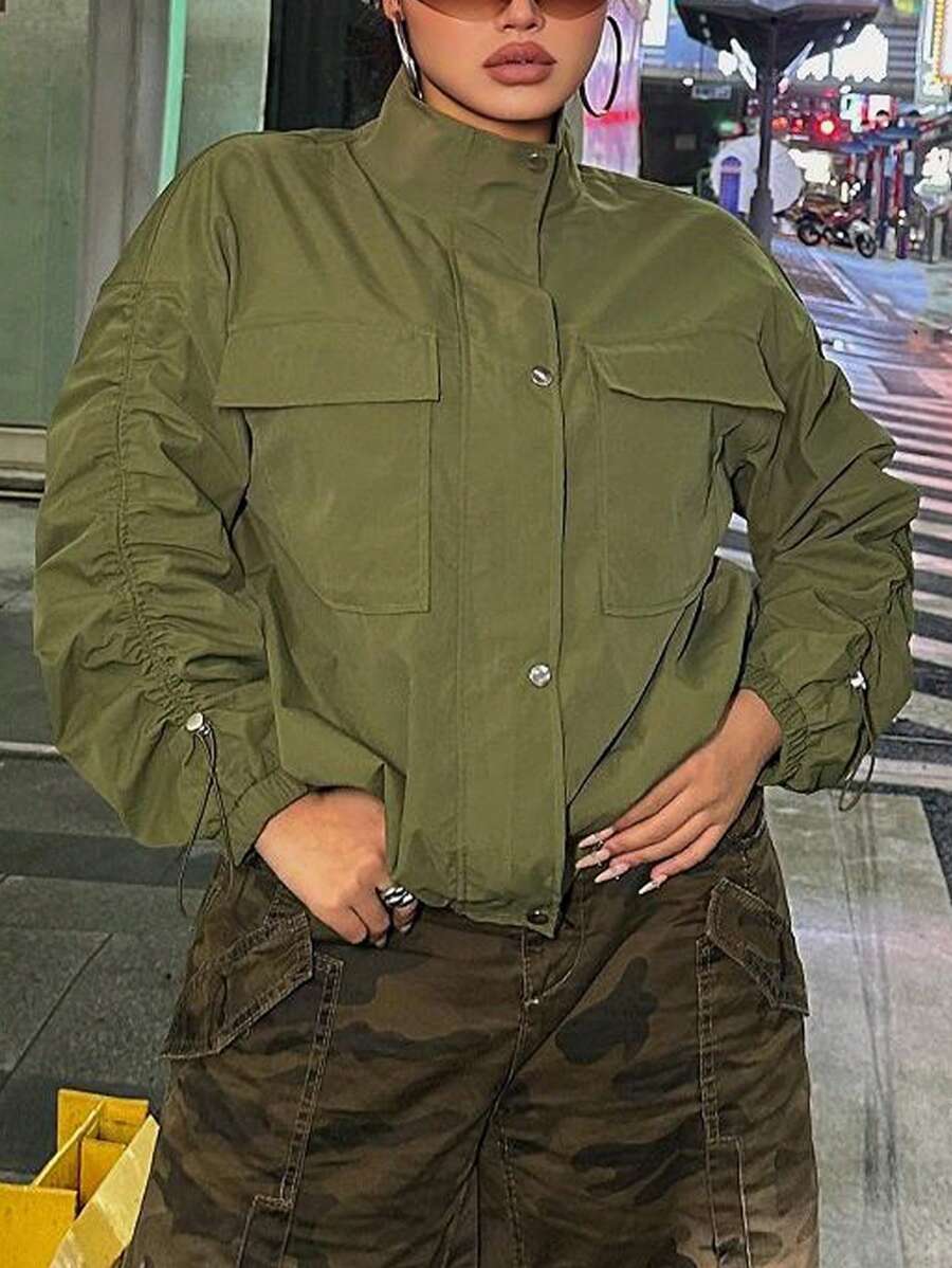 Flirla Plus Flap Pocket Ruched Sleeve Jacket - Army Green - View 1