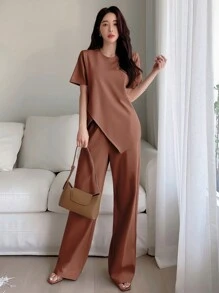 DAZY Asymmetrical Short Sleeve T-Shirt And Wide Leg Pants Casual Two-Piece Set - Brown - View 1