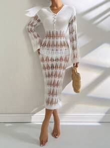 SHEIN LUNE 女士白色V領空心針織裙 - 白色 - 查看 8