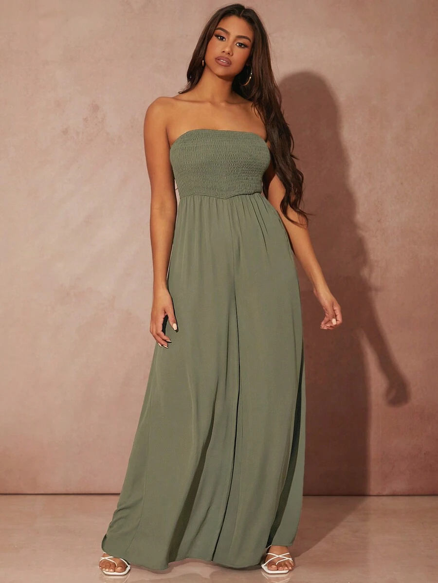 SHEIN SXY 素色打褶闊腿連體衣 - 軍綠色 - 查看 1