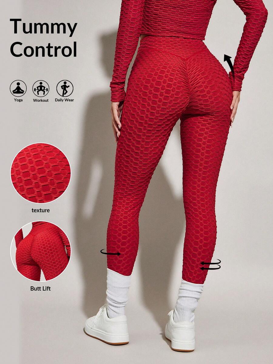 VARSITIE Collant de yoga d'été de sport de base avec fesses plissées et jambes - Rouge - Voir 1