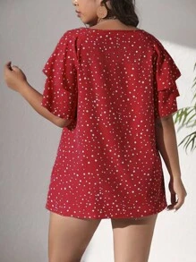 EMERY ROSE Plus Polka Dot Print Butterfly Sleeve Blouse For Summer Vacation - Red - View 2
