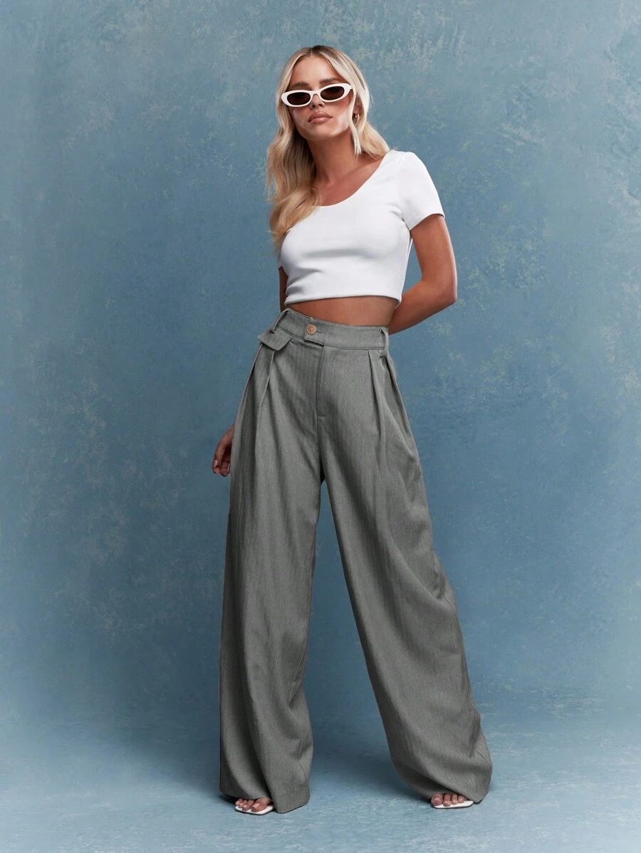 MISSGUIDED 訂製前折褶寬褲 - 淺灰色 - 查看 1