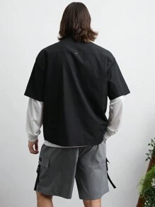 Manfinity VCAY 2 件套男士编织时尚宽松短袖衬衫配松紧腰短裤，休闲日常穿着。黑色衬衫，灰色短裤