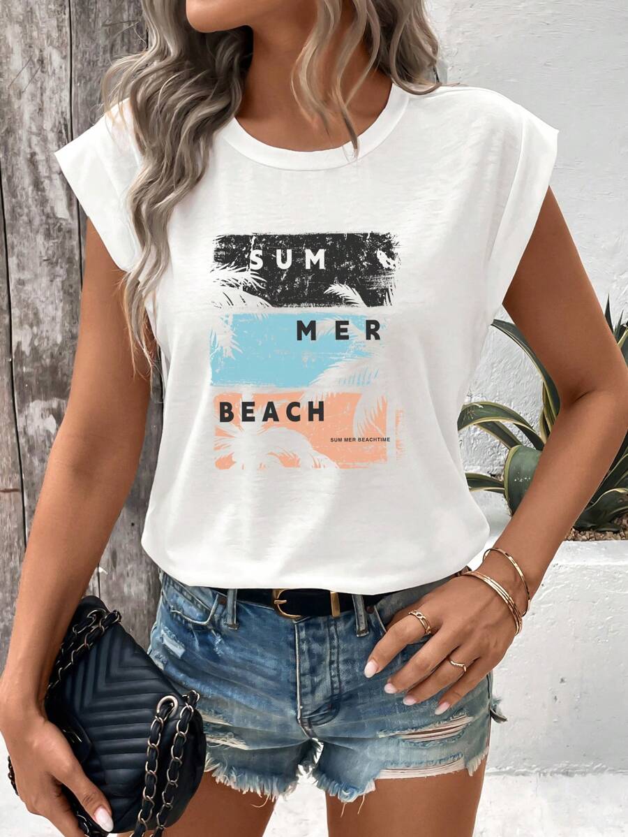 INAWLY Letter Graphic Batwing Sleeve Tee SUM MER BEACH - White - View 1