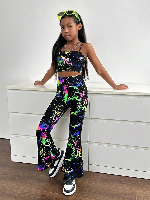 SHEIN Tween Girl Sports Streetwear Casual Summer Knit Camisole & Wide Leg Pants 2-Piece Set
