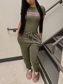 LovelyWholesale Women'S Casual Round Neck Letter Printed Short Sleeved Top And Drawstring Pants Set For Autumn Clothing For Women