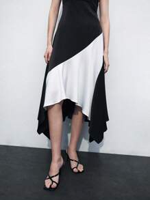 Maija Women's Summer Elegant Contrast Color Patchwork Asymmetrical Hem Slip Dress