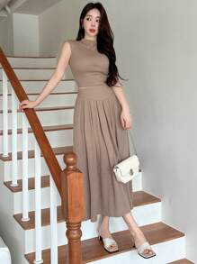 DAZY Damen Set aus einfarbiger gestrickter Weste und Rock für den Sommer, Damen Zweiteiler - Braun - Übersicht 6