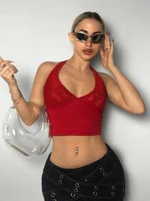 SHEIN ICON Slim-Fit Flame Mesh Splice Halter Neck Women's Tank Top