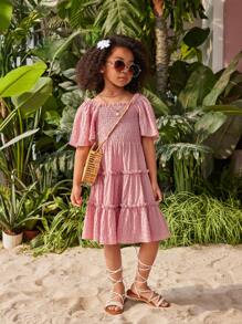 SHEIN Vestido de manga corta y unicolor para niña joven con dobladillo fruncido - Rosa - Ver 6