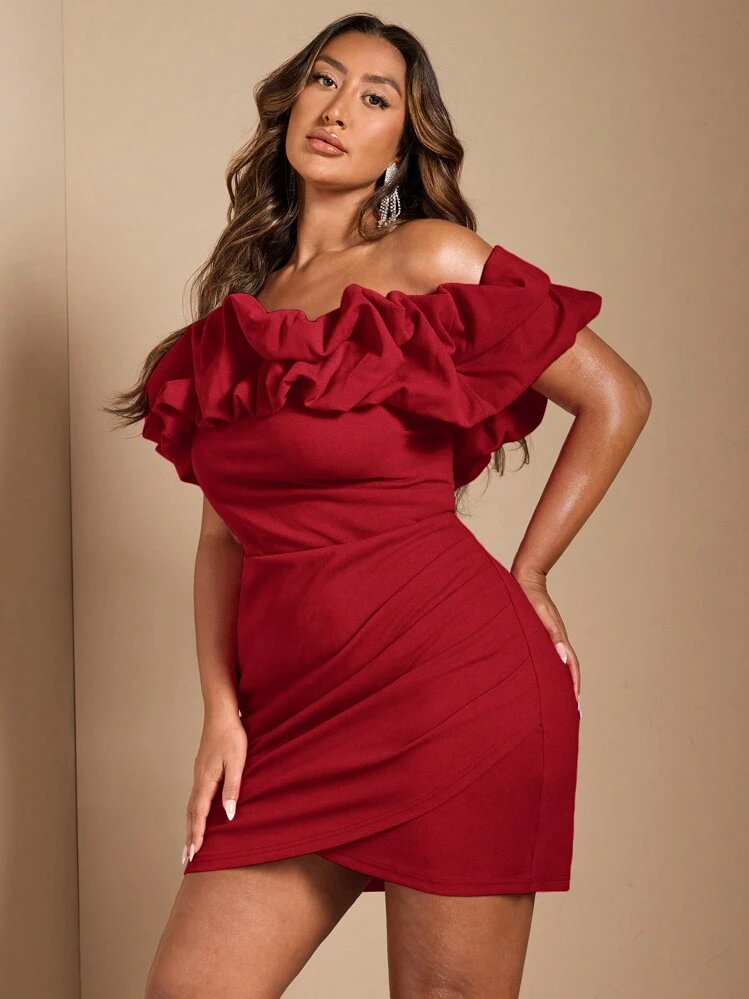 SHEIN BAE Vestido largo de fiesta de sirena con cuello abullonado, un hombro y cintura hueca, color rojo rosa, elegante, para mujer de talla grande. Vestido de cumpleaños para mujer, vestido de fiesta - Rojo - Añade 5