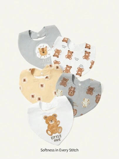 Cozy Pixies 3入組隨機可愛熊印花純棉口水巾