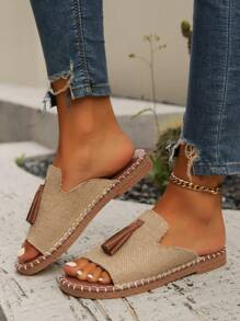 Sandalias marrones de dedo con flecos para mujeres, sandalias planas de tela tejida con punta abierta - Caqui - Ver 3