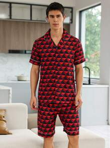 Men Allover Print Short Sleeve Top & Shorts PJ Set / Pajama Set - Multicolor - View 5