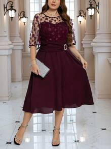 SHEIN Clasi Đầm dự tiệc thời trang lưới ghép cỡ lớn - Màu Đỏ Sâu - Xem 3