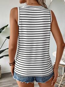 SHEIN LUNE Athleisure Black & White Striped Women"S Tank Top, Suitable For Sport, Run, Bike, Jog, Basketball