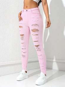 SHEIN Essnce Jeans ajustados rasgados sólidos con bolsillo - Rosa Pálido - Ver 4