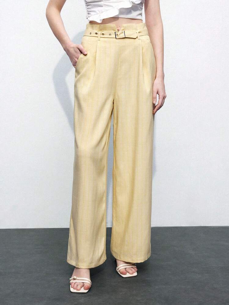 SHEIN Maija Women Elegant Buttercup Yellow High-Waist V-Neck Wide-Leg Jumpsuit, Birthday