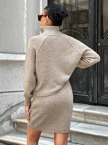 EURMUSE Elegant Cable Knit Sweater With Zipper & Cable Knit Mini Sweater Skirt 2 Piece Set