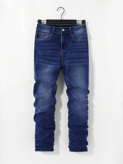 SHEIN Teen Boy Blue Comfortable And Refreshing Dark Wash Design Elasticity Denim Skinny Pants For Dailywear And Back To School Clothes