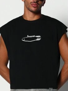 SUMWON Crop Fit Tank Top With Pin Graphic Print - Black - View 3
