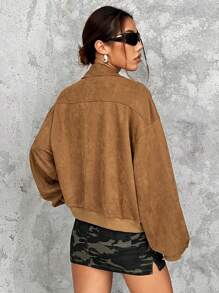 SHEIN EZwear 大码女式大码仿麂皮鹿图案长袖夹克，厚秋季外套 - 卡其色 - 查看 2