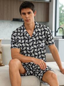 Men Allover Print Top & Shorts PJ Set / Pajama Set - Black and White - View 2