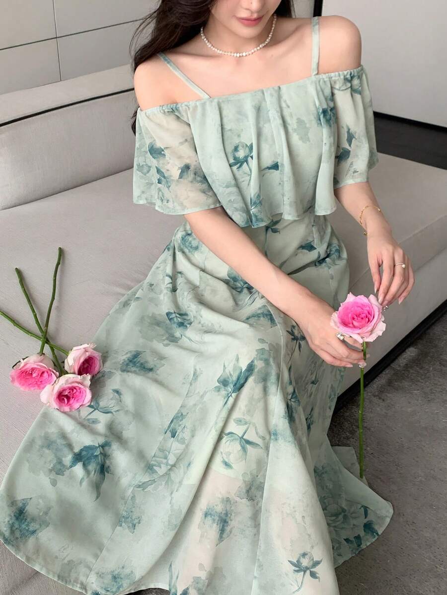 DAZY Elegant All-Over Floral Print Open Shoulder Cami Dress,Ruffle Off Shoulder Top Vacation Outfits Women Easter Maxi Dress - Green - View 1
