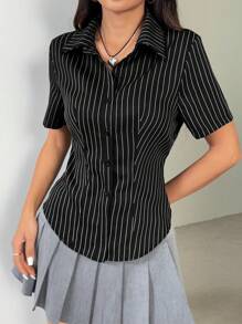 Flirla Camisa con botones y estampado de rayas, blusa de manga corta - Negro - Ver 6