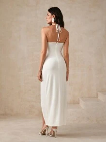 Anewsta Summer City Sexy Ruched Backless Halter Slit Dress - White - View 4