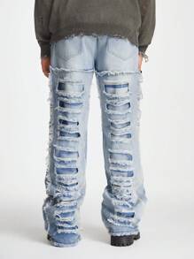 Manfinity Roghcode Men's Light Blue Denim Frayed Patch Streetwear Loose Straight Ripped Jeans, For Husband, Boyfriend Gifts - Light Wash - View 2