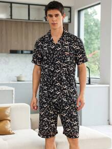 男士全印花短袖上衣和短裤睡衣套装/睡衣套装 - 彩色 - 查看 5