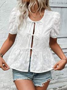 SHEIN Clasi Jacquard Tie Front Puff Sleeve Peplum Blouse Women Shirt