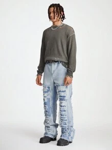 Manfinity Roghcode Men's Light Blue Denim Frayed Patch Streetwear Loose Straight Ripped Jeans, For Husband, Boyfriend Gifts - Light Wash - View 5