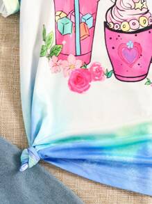 SHEIN Tween Girl Tie-Dye Trà Sữa Họa Tiết Áo Phông Mùa Hè Dễ Thương - Màu xanh lam - Xem 4