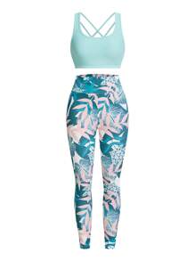 SHEIN Sovereign Charm Women Letter Graphic Workout Tank Top & Tropical Print Leggings & Bra Setwomen Workout Set Women Leggings Set