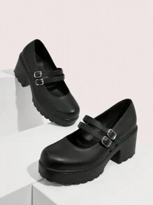 CUCCOO DOLLMOD Women Double Buckle Decor Platform Shoes, Elegant Black Mary Jane Shoes For Summer Vacation Shoes Summer Christmas Fall New Year Holiday