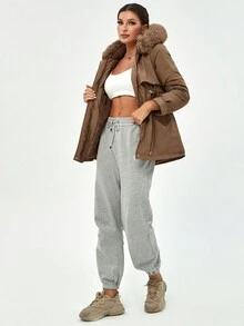 Apperloth A Zipper Drawstring Waist Flap Pocket Fuzzy Trim Hooded Winter Warm Parka Coat - Brown - View 4