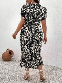 EMERY ROSE Plus Allover Print Puff Sleeve Ruffle Hem Dress For Summer Vacation Maxi Women Outfit - Multicolor - View 2