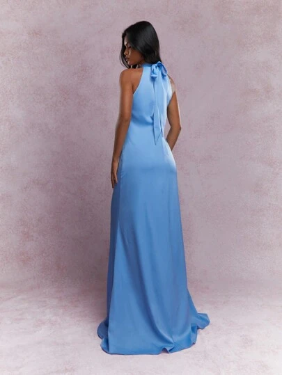 MISSGUIDED Metal Detail Satin Halter Neck Flowy Maxi DressMISSGUIDED
