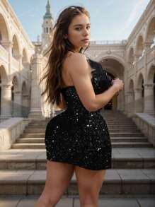 Women's Sexy Deep V Off Shoulder Fake Feather Beaded Bodycon Hip Wrap Party Dress Elegant Cocktail Semi Formal Prom Wedding Guest Dress, For Birthday, Graduation, Dinner, Homecoming - màu đen - Xem 2